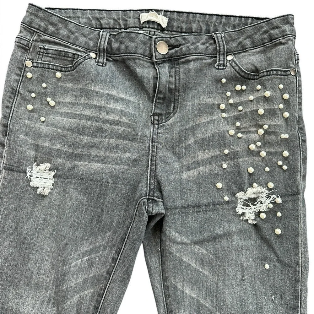 Easel Pearl Embellished Distressed Skinny Jeans Women‎ L Gray Excellent EB4540
